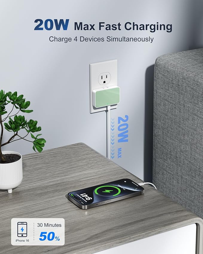 USB C Wall Charger Super Thin Flat USB Wall Plug with 4 Ports Fast Charging USB Plug Adapter with PD20W for Home and Travel (Blue)