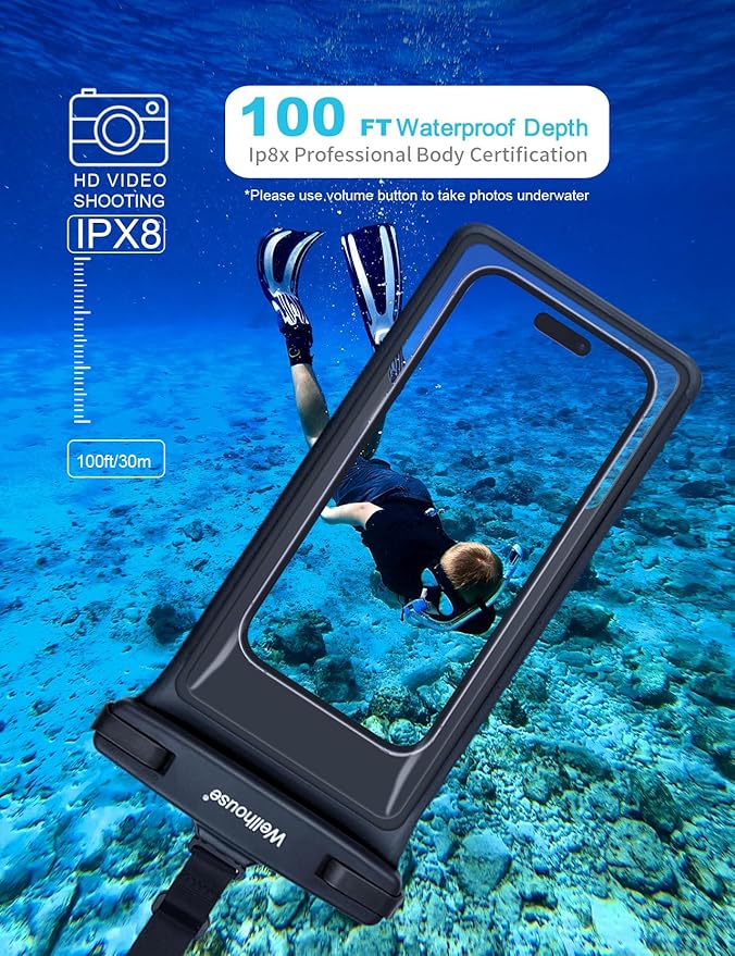 wellhouse Waterproof Phone Pouch, Waterproof Phone Case for iPhone 16 15 14 13 12 Pro Max XS Samsung, IPX8 3D Cellphone Dry Bag Beach Essentials (1 Pack - Black8.0, 8 inch)