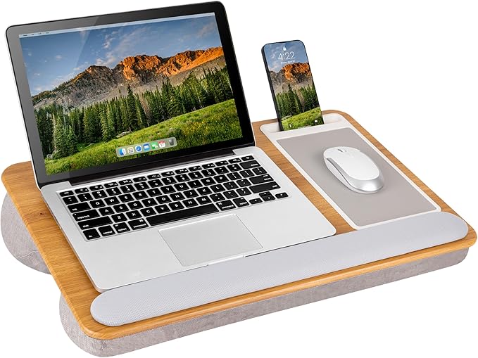 LAPGEAR Home Office Pro Lap Desk with Wrist Rest, Mouse Pad, and Phone Holder - Oak Woodgrain - Fits up to 15.6 Inch Laptops - Style No. 91599