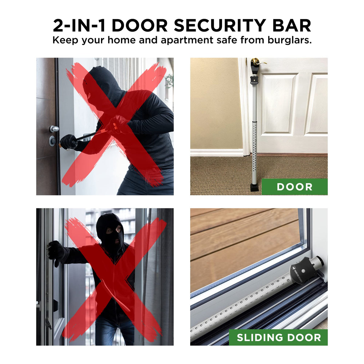 Adjustable Sliding Door Security Bar, Door Jammer 2-in-1 Adjustable Door Knob and Sliding Patio Door Stoppers Security with Alarm, 40 Different Adjustments by Guard Dog Security