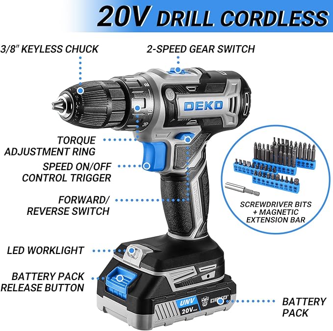 Blue Drill Tool Kit Set: 20V Cordless Power Drill Tool Box with Battery Electric Drill Driver for Men Home Hand Repair Basic Toolbox Tools Sets Drills Case