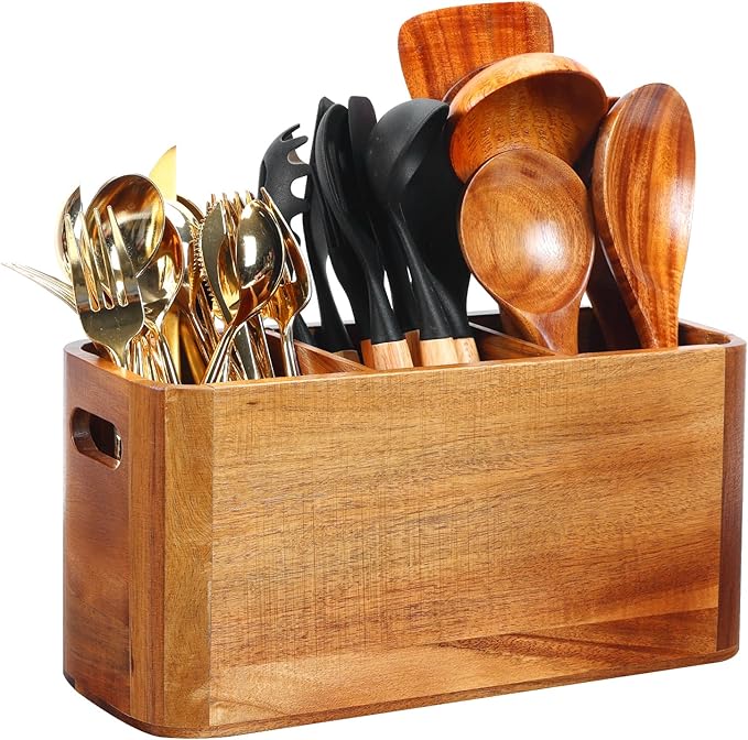 Kitchen Utensil Holder for Counter or Countertop, Extra Large Acacia Wood Organizer with 3 Compartments, Wooden Storage for Cooking and Silverware, Rustic Minimalist Decor, Sturdy Utensil Crock