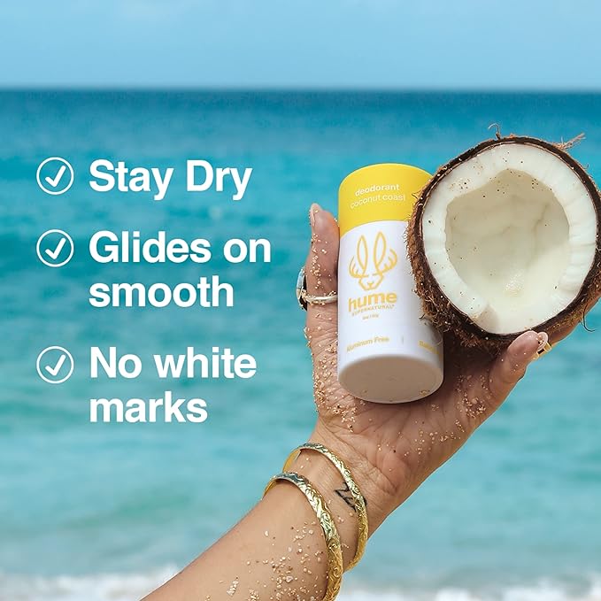 Hume Supernatural Aluminum Free Deodorant for Women & Men - Safe for Sensitive Skin - Probiotic, Plant-Based, Baking Soda Free, Aloe, & Cactus Flower, Anti Sweat, Stain & Odor - Coconut Coast 2-Pack