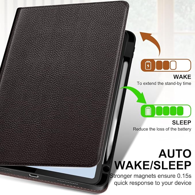 Genuine Leather Case for iPad 11th Gen 11/10th Gen 10.9 Black | Pencil Holder Adjustable Stand Auto Wake/Sleep Shockproof