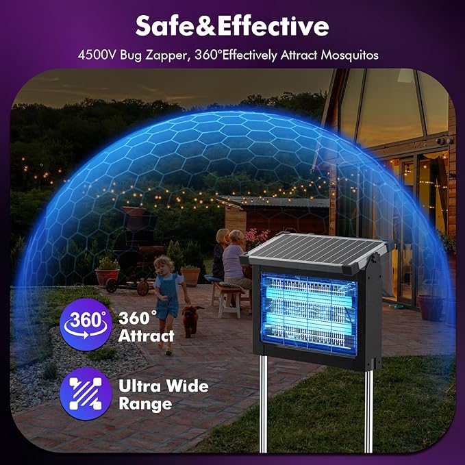okk Solar Bug Zapper Outdoor, 4500V Mosquito Zapper Outdoor Fly Killer with 10W Adjustable Solar Penal, Waterproof, Rechargeable, Portable Electric Fly Trap for Patio, Garden, Backyard, and Camping