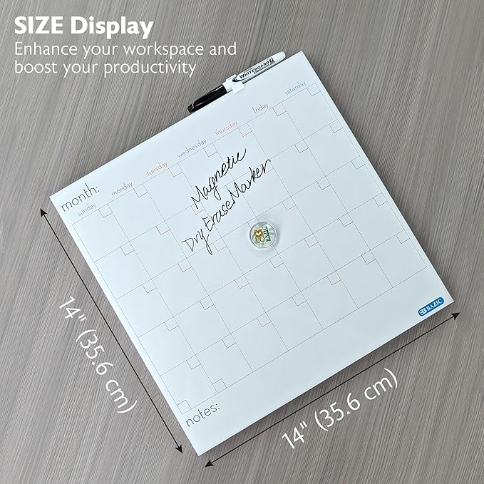 BAZIC Products Magnetic Dry Erase Calendar Board Tile + Markers & Magnets, 14" X 14" Calendar Whiteboard for Office Schedule Planner, 2-Pack