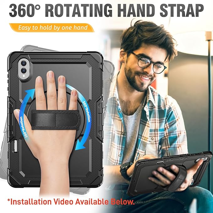 HXCASEAC Case for Samsung Galaxy Tab S10+ Plus / S9 Fe+ / S9+ 5G 12.4 inch Protective with Screen Protector/S Pen Holder/ 360 Rotating Stand Hand Strap - Black