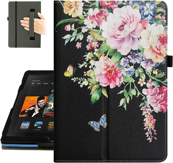 Fancity Case for Kindle Fire HD 10/10 Plus 13th/11th Generation 2023/2021 | Premium PU Leather Protective Case with Adjustable Angles Auto Wake/Sleep Hand Strap for Fire HD 10/10 Plus Black Floral