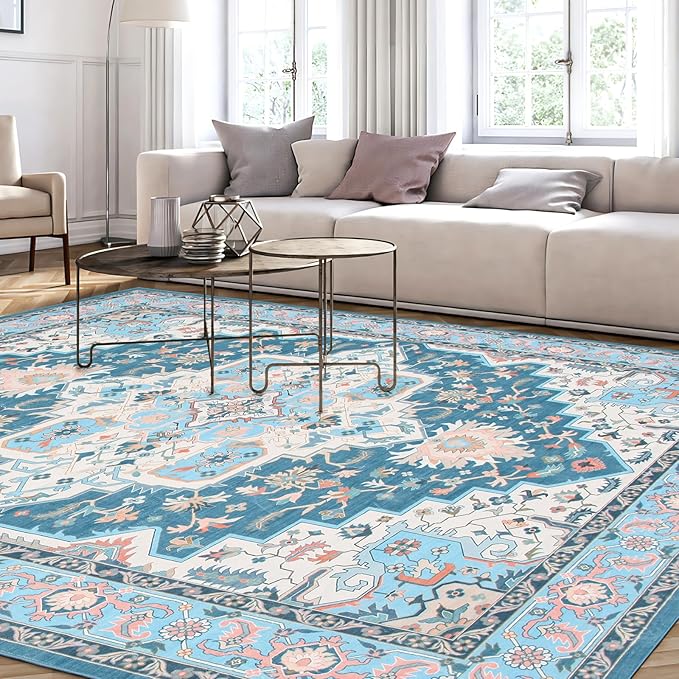 WILLSUN Washable Area Rugs, 9x12 Non-Slip Boho Large Area Rugs for Living Room, Bedroom, Machine Washable Vintage Rug, Indoor Floral Print Carpet for Home Decor, Kid & Pet Friendly Mat