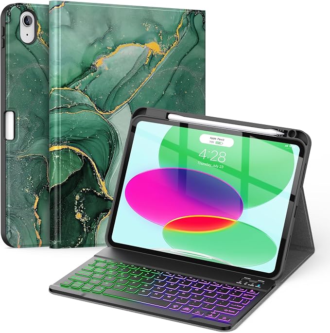 Soke for iPad (A16) 11th/10th Gen Case with Keyboard Black Marble | For iPad 11/10.9 inch(2025/2022) 7 Color Backlight Magnetic wireless Detachable Keyboard Case Built-in Pencil Holder