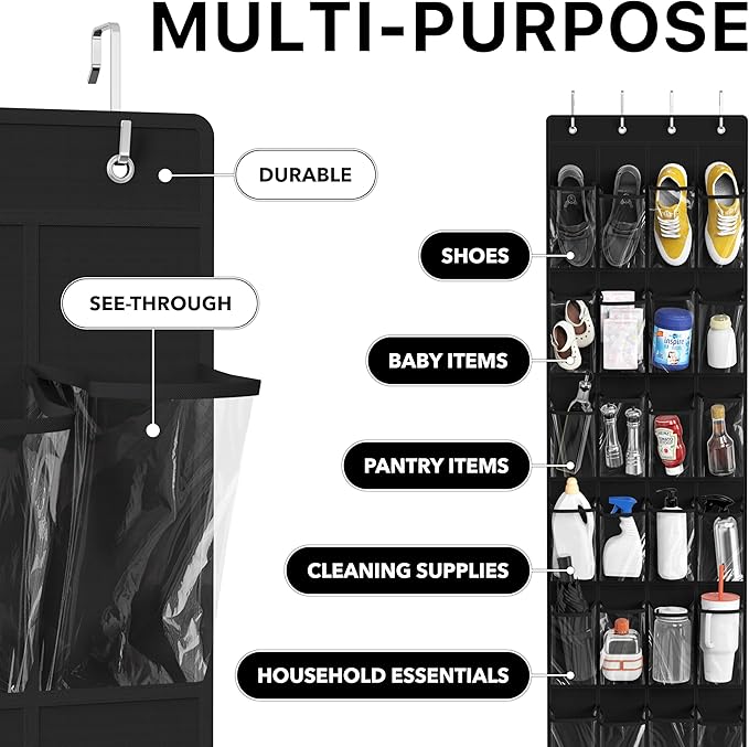 Simple Houseware 24 Pockets - Crystal Clear Over The Door Hanging Shoe Organizer, Black (64'' x 19'')