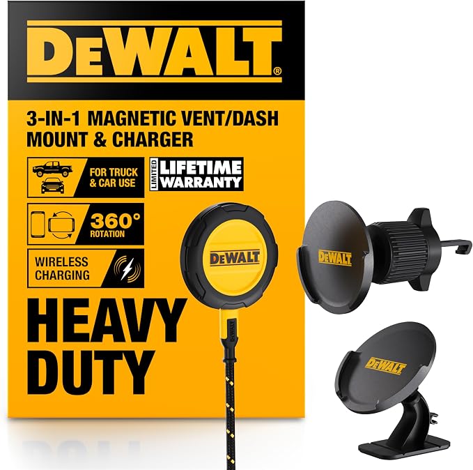 DEWALT Heavy Duty Wireless Charger 15W Max Cell Phone Charger | Wireless Charging Pad for MagSafe Compatible iPhone 17/16/15/14/13/12 Plus Pro Max Includes Wall Mounting Plate