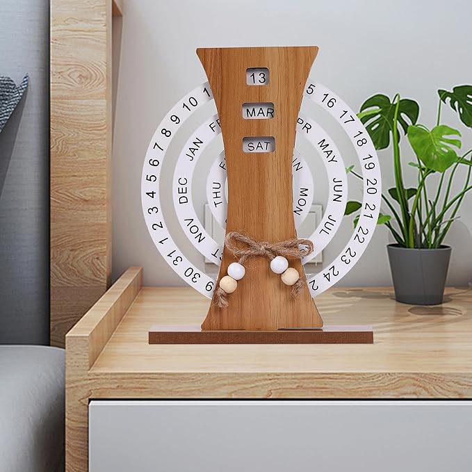 Perpetual Calendar, Wooden Disc Perpetual Desk Calendar, Wooden Disc Calendar, Gift Manual Rotating Wooden Block Calendar for Home Office Desk Date Week Month