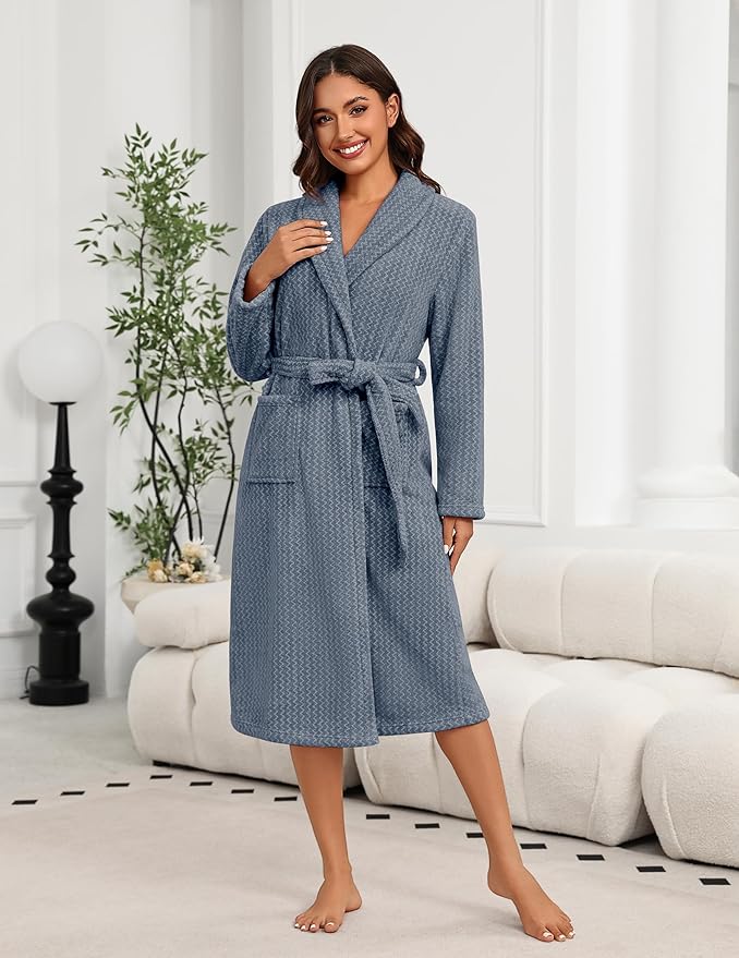 Ekouaer Women's Robe Plush Soft Long Bathrobe Cozy Warm Shawl Collar Spa Robe with Pockets