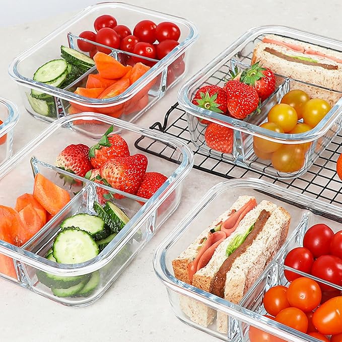 KOMUEE Glass Meal Prep Containers 3 Compartments, 5 Pack 36 oz