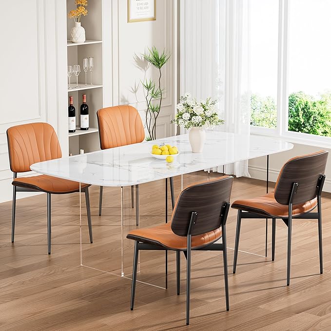 Dining Chairs Set of 4, Mid-Century Modern Upholstered PU Leather Chairs with Walnut Back and Metal Legs Adjustable Feet for Kitchen Dining Room, Orange Shell Strips