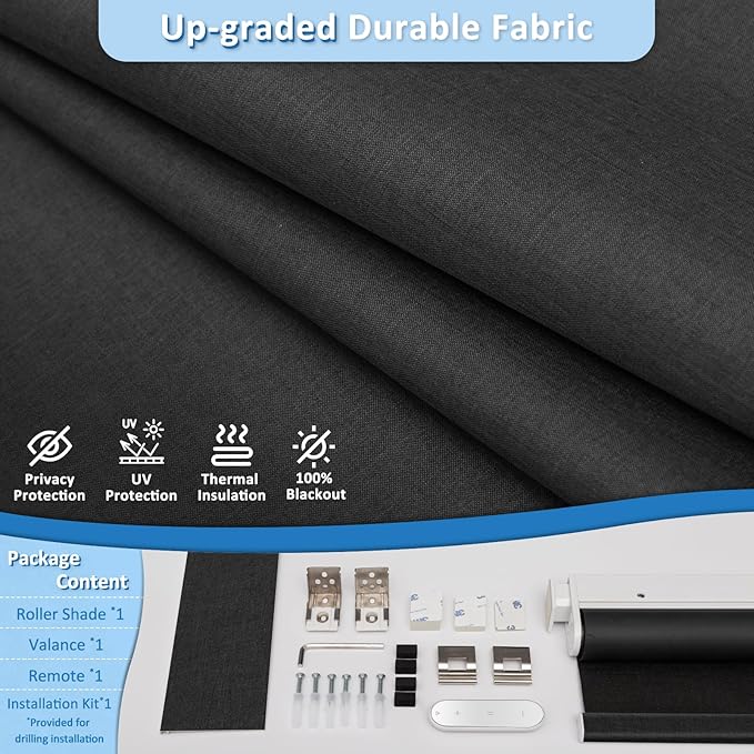 MANSNIX Smart Motorized Blinds with Remote, Cordless No-Drill Automatic Roller Shades, Blackout Electric Blind for Windows, Black, 33.5 x 72