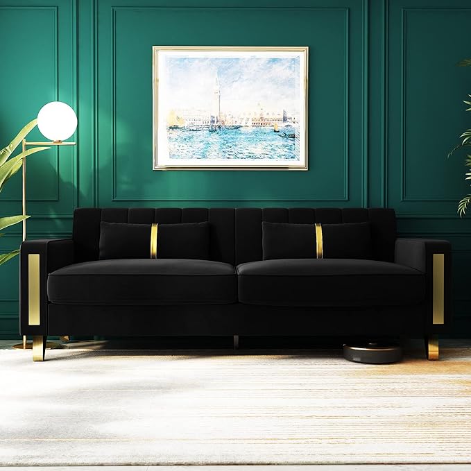 Couch 85.62" 3 Seats Sectional Velvet Fabric Sofa Easy Assemble Sofa Bed with 2 Couch Pillows,Gold Metal Legs for Living Room (P17, Black)