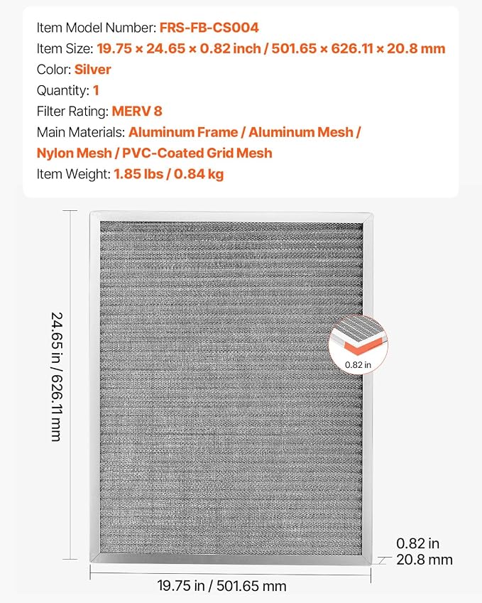 VEVOR 20x25x1 inch Electrostatic Air Filter, AC/HVAC Furnace Filter Washable &
