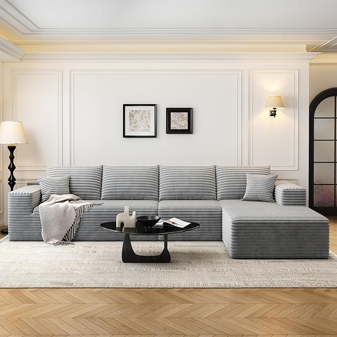 135.4" Cloud Modular Sectional Sofa Couch with L-Shape Chaise,Modern Minimalist Upholstered Couches for Living Room Bedroom,Deep Seat Corner Couch，No Assembly Required (Grey,Right Facing Chaise)