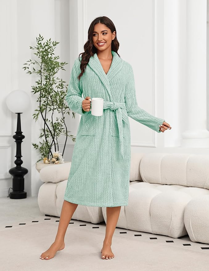 Ekouaer Women's Robe Plush Soft Long Bathrobe Cozy Warm Shawl Collar Spa Robe with Pockets