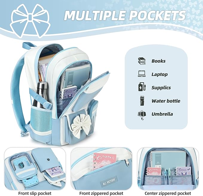 School Backpack for Girls 3PCS Nylon Kids Backpack Set with Lunch Box & Pencil Pouch, Cute Lightweight Teen Girls School Bag Laptop Bag Travel Daypack for Elementary Middle High School Beige Blue