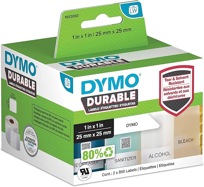 DYMO LW Durable Industrial Labels for LabelWriter Label Printers, White Poly, 1” x 1”, 2 Rolls of 850 (1700 Total)