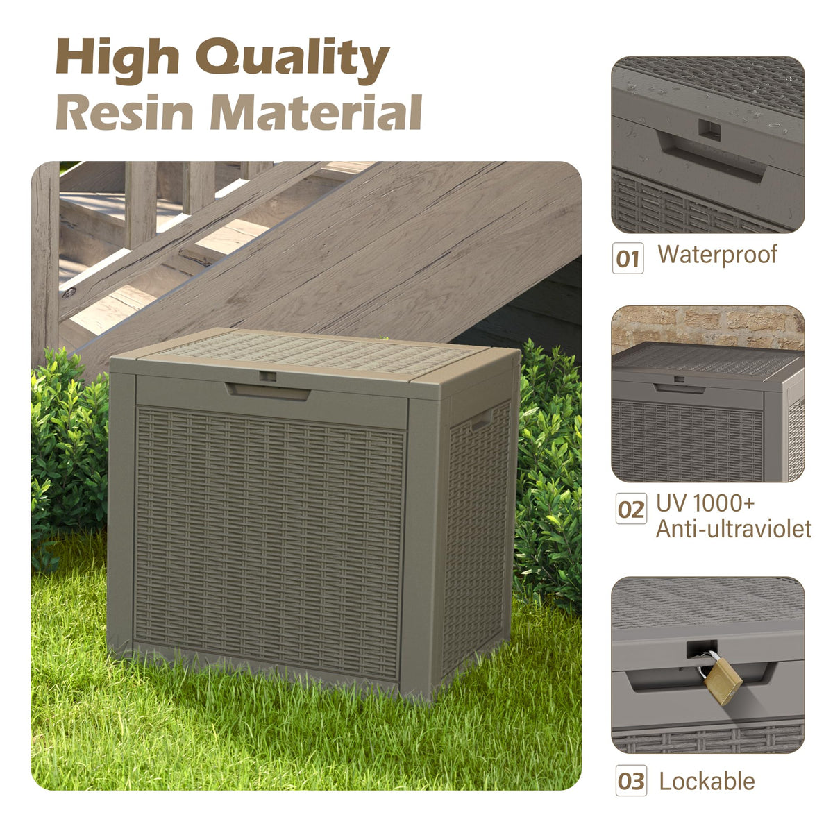 GULAIMOAO Outdoor Storage Box, 30 Gallon Deck Box with Lockable Lid, Waterproof Resin Storage Bin for Patio Furniture, Garden Tools, Cushions, Grey