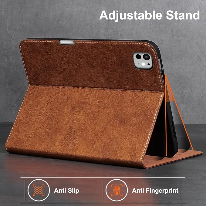 Gexmil Leather Case for iPad Pro 11 Inch M5/M4 2025/2024Crocodile Brown | Genuine Leather CoverPencil HolderMagnetic ClosureSmart Folio Auto Sleep/WakeProtectiveAdjustable Stand
