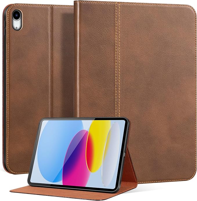 Leather Case for iPad A16 11th 11 2025 and iPad 10th 10.9 2022 | Genuine Full Grain Leather Folio CoverSmart Protective ShellShockproof &amp Drop-ProofAuto Wake/Sleep.Dark Brown