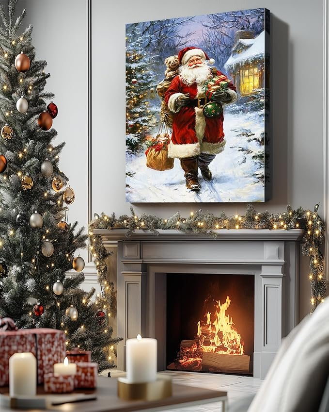 Vintage Santa Claus Christmas Canvas Wall Art - Festive Holiday Painting for Living Room,Bedroom & Bathroom, Cozy Winter Decor Framed Print, Perfect Christmas Gifts & Home Decoration