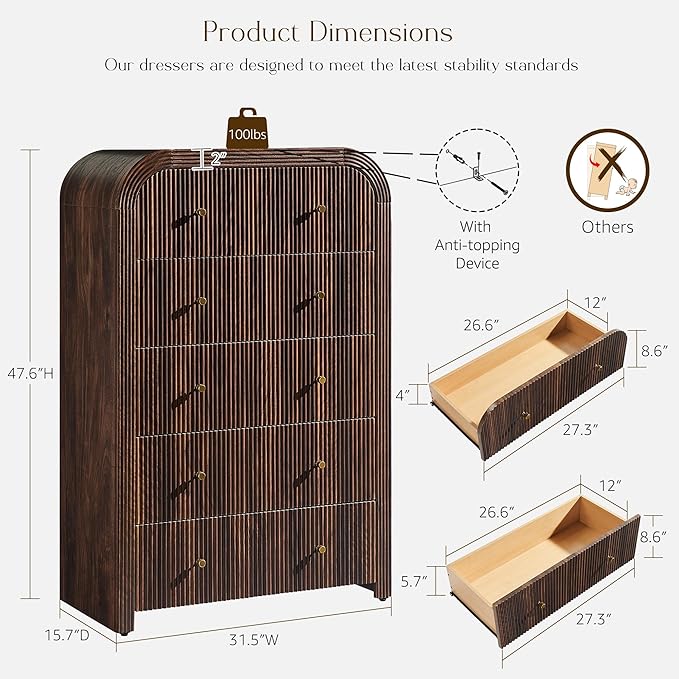 T4TREAM Fluted 5 Drawers Dresser, 48" Tall Modern Chest of Drawers with Thickened Curved Profile Design, Wood Closet Clothes Storage Organizer for Bedroom, Living Room, Hallway, Dark Walnut