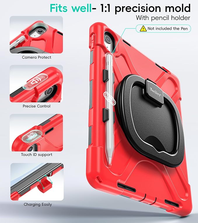 Case for iPad (A16) 11th/10th Generation - 2025/2022 (11″/10.9″) | 4 Layers Drop Protection iPad Case with Screen Protector 360° Rotating Stand Shoulder Strap Pencil Holder Black