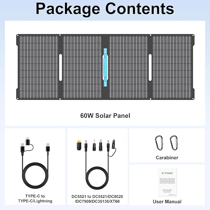 E-POWO 60W Portable Solar Panels Chargers with USB-C, USB-A and DC Outputs Foldable IP67 Waterproof Solar Panel for Camping,Power Emergency for Small Power Station,Phones, Power Banks