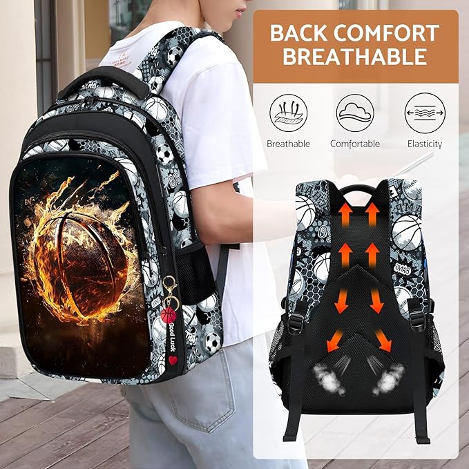 School Backpack for Boys - 4pcs Basketball Boys Backpack with Lunch Box Set for Kids Children Teens Elementary Middle School - 17″ Sport Bookbag Travel Back Pack for Age 6-18