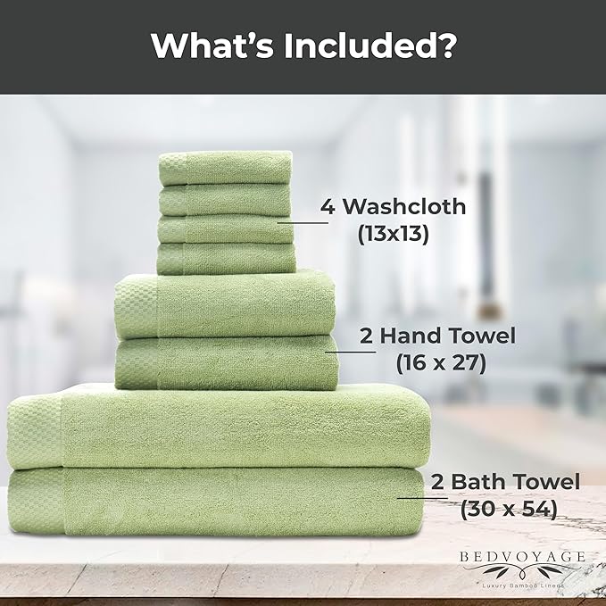 BedVoyage Luxury Bath Towels Set of 8 - Ultra Soft Plush Bathroom Towel Set - Highly Absorbent Viscose from Bamboo Bath Towels Ultra Soft - Spa Towel for Body -Sage