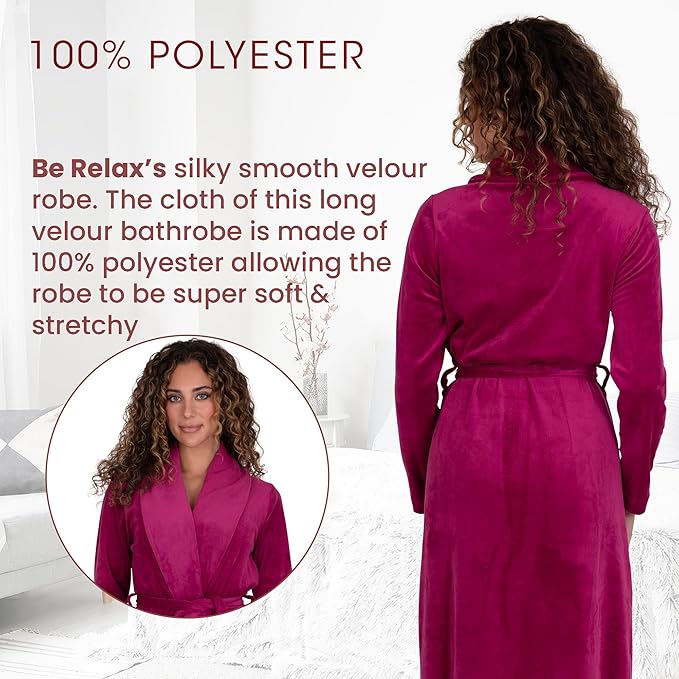 Be Relax Terry Velour Robe - Made of Polyester, Shawl Collar Robe with Belt & Side Pockets, Soft & Warm Bathrobe for Women