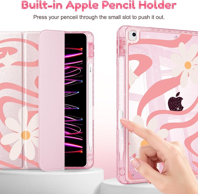 Case for iPad 9th/ 8th/ 7th Generation 10.2-Inch Case(2021/2020/2019 Release) Glitter Tablet Cases with Transparent Acrylic Back+Trifold Stand+Pencil Holder+Auto Wake/Sleep Bows-Stripe