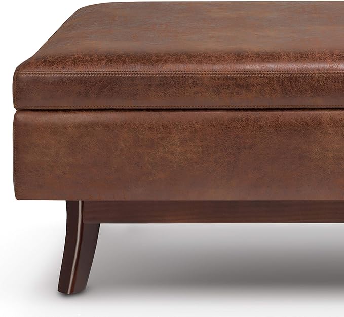 SIMPLIHOME Owen Rectangular Storage Ottoman - 48 inch Wide Upholstered Vegan Leather Lift-Top Ottoman in Distressed Saddle Brown, Mid-Century Modern Ottoman for Living Room with Tufted Detail