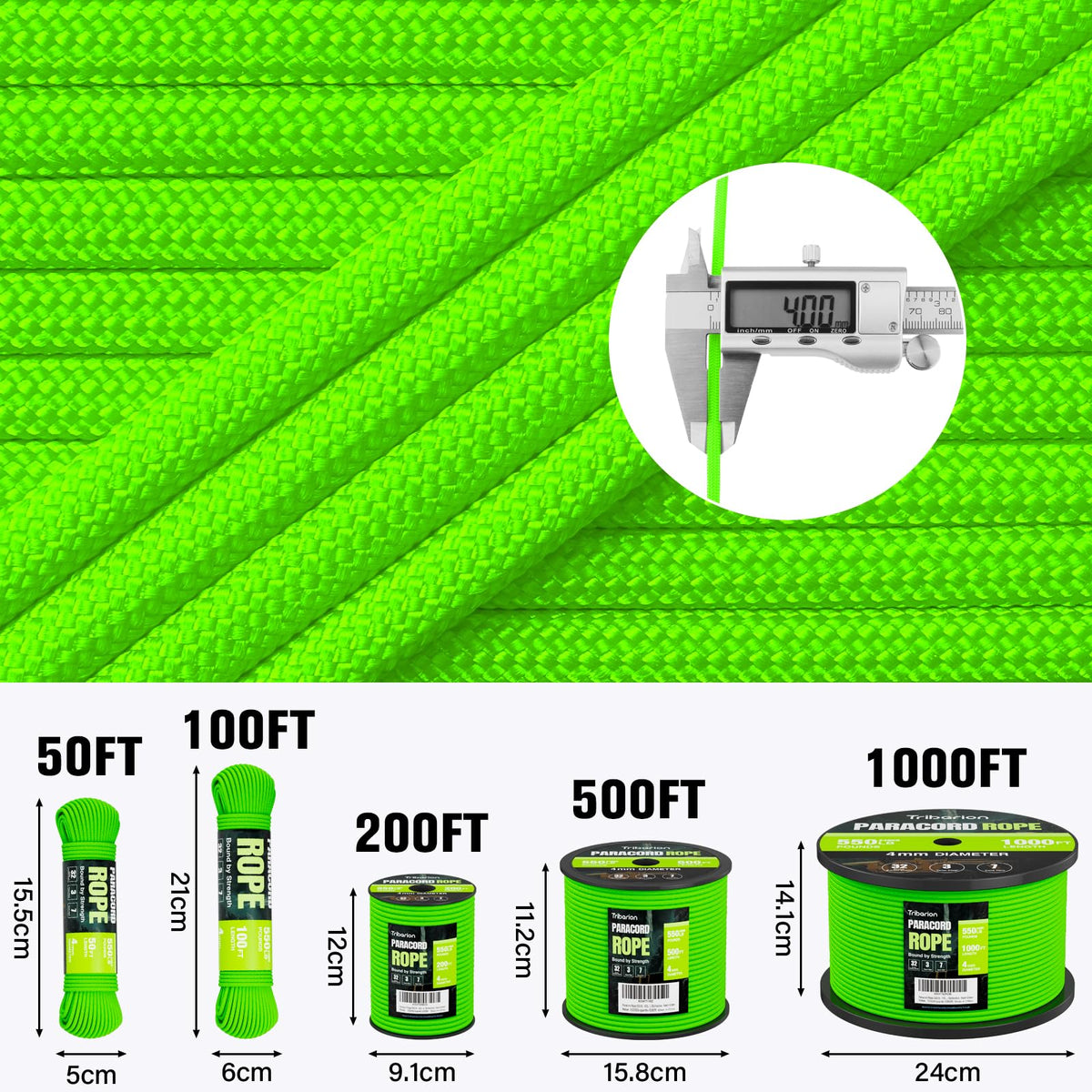 Paracord Rope 550 lb - 500ft 5/32" Parachute Cord 4MM 7-Strand para Cord - Heavy Duty Spool String for Survival,Camping Gear, Survival Bracelet, Clothesline - Neon Green