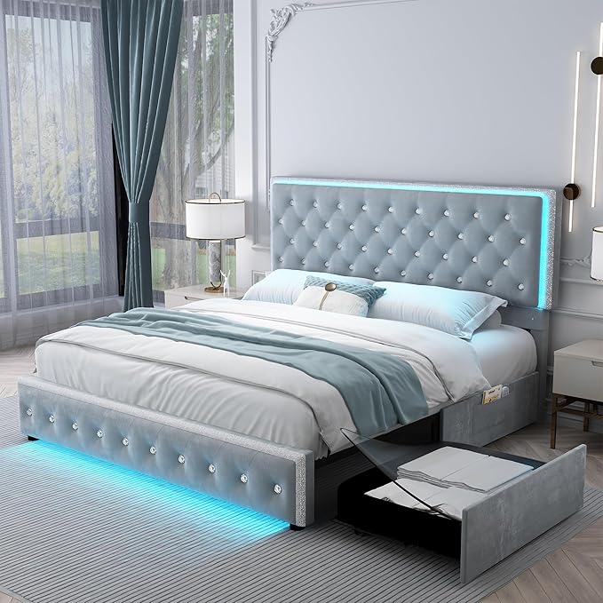 Full Led Bed Frame with 2 Drawers, Upholstered Platform Storage Bed Frames Full Size with Crystal Button Tufted Headboard Footboard, Solid Slats, Noise Free, No Box Spring Needed, Velvet Grey