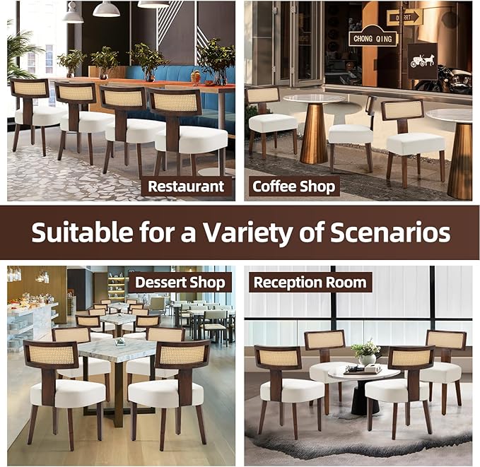 Upholstered Rattan Dining Chairs Set of 2, Mid-Century Modern Fabric Dining Room Chairs with Brown Hardwood Frame, Curved Backrest Kitchen Chair Armless Accent Chairs for Living Room (Cream)