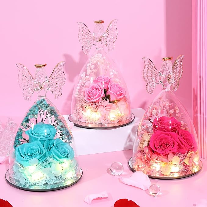 Ocosy Mothers Day Rose Gifts for her, Large Angel Rose Gifts for Women, Forever Real Roses in Angel Figurines, Angel Guardian with Roses Flower, Aqua Blue