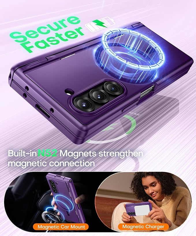 BERFY Magnetic for Samsung Galaxy Z Fold 6 Case with Privacy Screen Protector, [Compatible with MagSafe][Anti Spy] Built-in S Pen Holder & Kickstand, Full-Body Shockproof Case for Z Fold 6, Purple