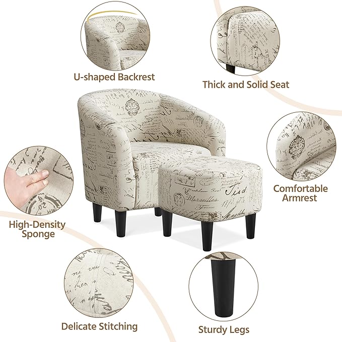 Yaheetech Accent Chair with Foot Rest, Mid Century Modern Upholstered Soft Barrel Chair, Comfy Fabric Armchair and Footrest Set for Living Room/Bedroom/Reading Room, Set of 2 Letter Print