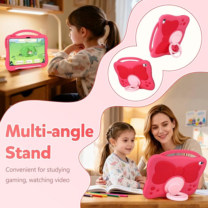 VOFUOE for iPad A16 Case Kids iPad 11th/10th Generation Case 11 Inch 2025 | Cute Bow Soft Silicone iPad 10th Cover 10.9 Inch 2022 for Girls Built-in Handle Rotatable Stand Pencil Holder-Pink Purple