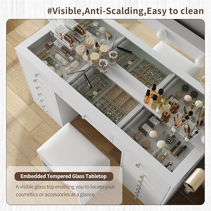 55" W Vanity Desk, Makeup Vanity with Charging Station, 15 Drawers with Lighted Mirror, 3 Lighting Modes, Brightness Adjustable, Glass Top, Vanity Table with Chair for Bedroom, White