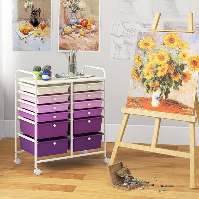 COSTWAY 12-Drawer Rolling Storage Cart, Moveable Art Craft Organizer W/Lockable Wheels, Metal Shelf, Files Arrangement Tools Makeup Storage Cart for Office, Home, School, Purple Gradient