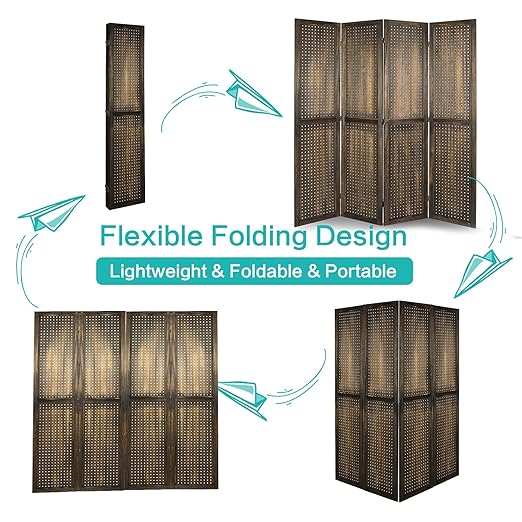 Babion 4 Panel Pegboard Display, Peg Board Room Divider Freestanding Folding Privacy Screens Pegboard Display Stand for Craft Shows (Brown)