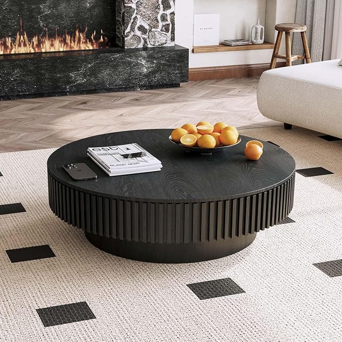 39'' Large Round Coffee Table with Storage, Fluted Coffee Table with Solid Wood Veneered, Mid Century Modern Wooden Center Table, Accent Tea Table for Living Room Apartment, Black